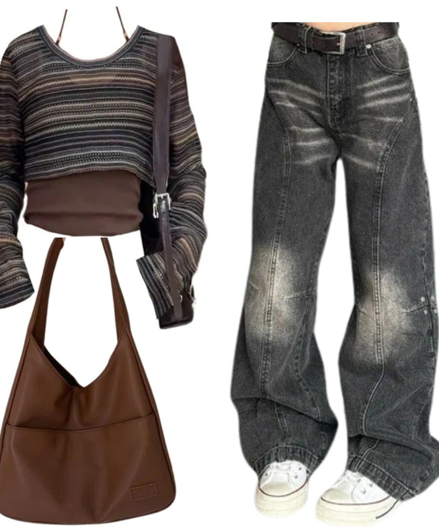 Outfit: Layered Boho Knit Crop Top+Washed Black Wide - Leg Jeans+Large Casual Leather Handbagbo - Outfit