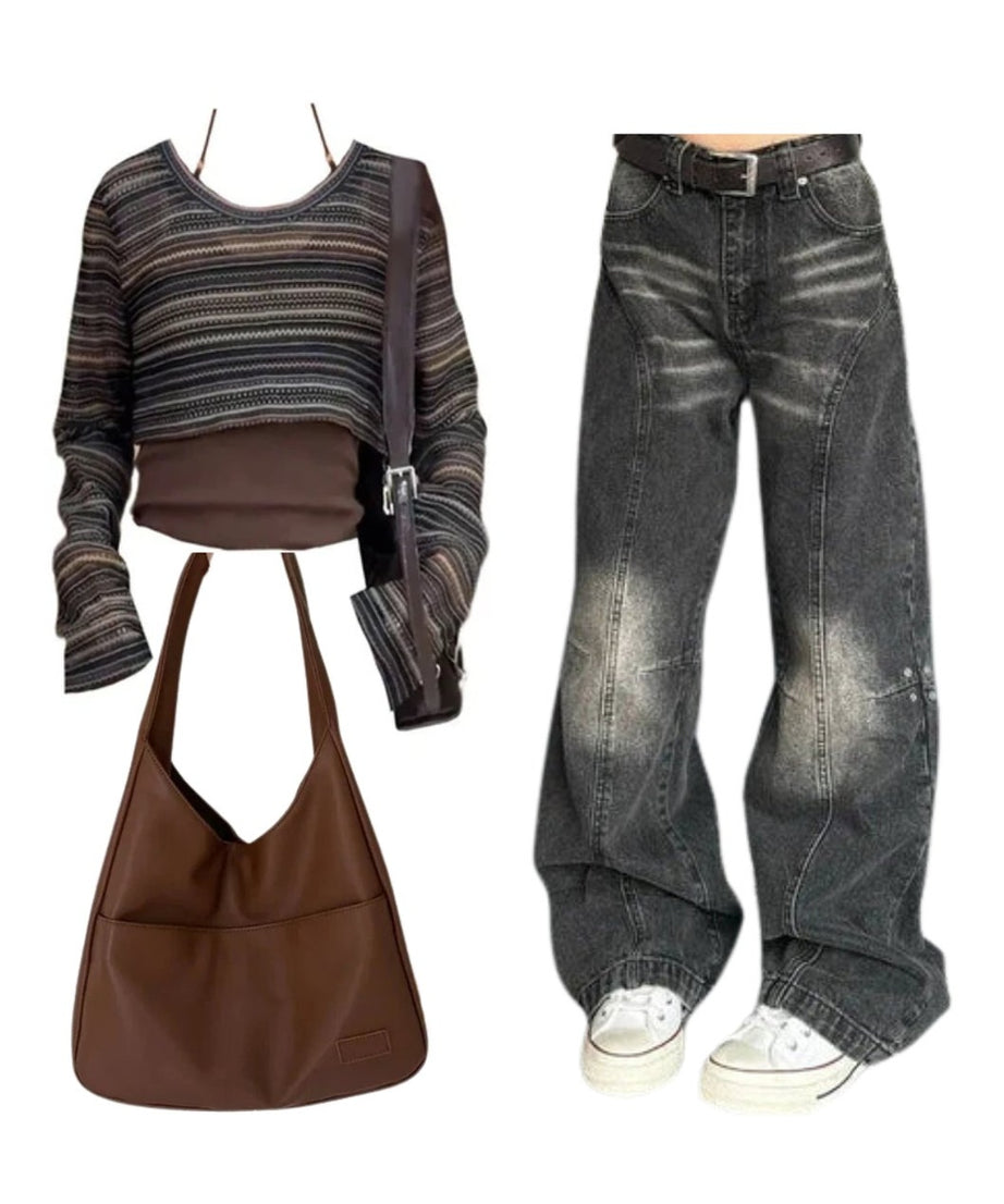 Outfit: Layered Boho Knit Crop Top+Washed Black Wide - Leg Jeans+Large Casual Leather Handbagbo - Outfit