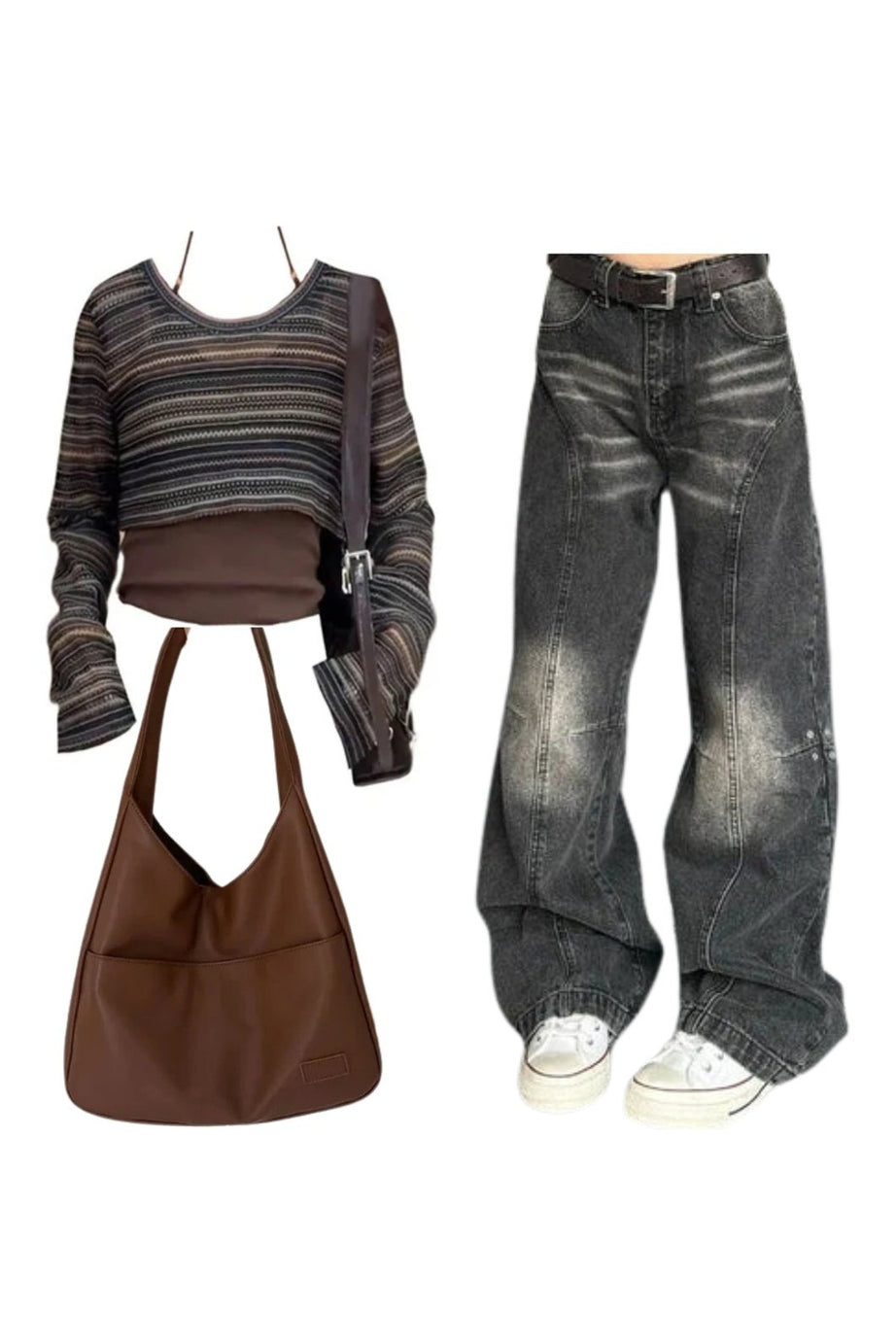 Outfit: Layered Boho Knit Crop Top+Washed Black Wide - Leg Jeans+Large Casual Leather Handbagbo - Outfit