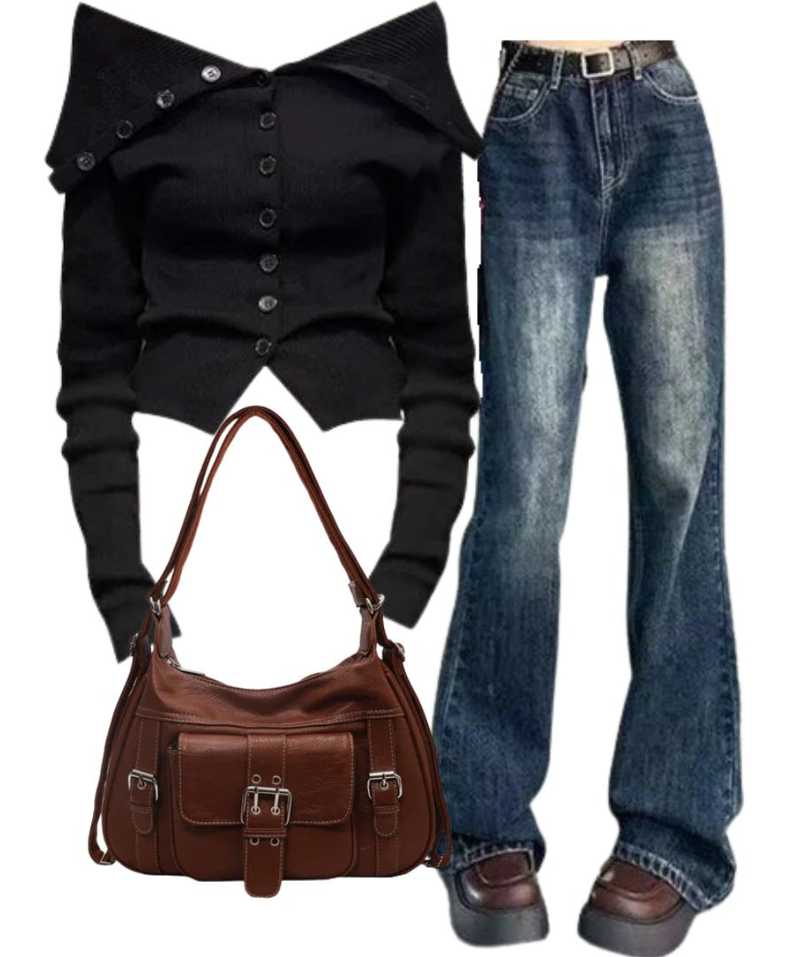 OUTFIT: Noir Off - Shoulder Button - Up Cardigan+Vintage Wash Flare Jeans+Vintage Buckled Satchel Bag - Outfit