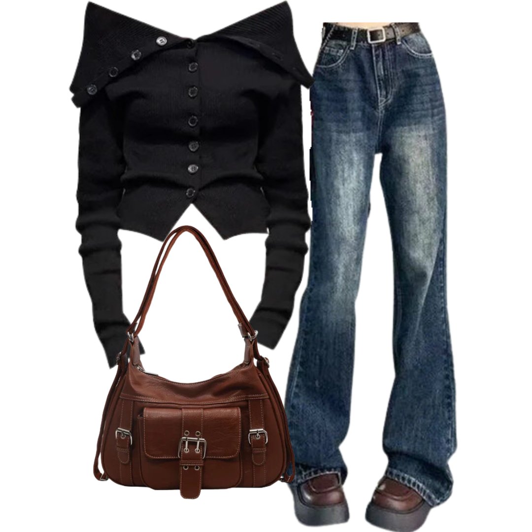 OUTFIT: Noir Off - Shoulder Button - Up Cardigan+Vintage Wash Flare Jeans+Vintage Buckled Satchel Bag - Outfit