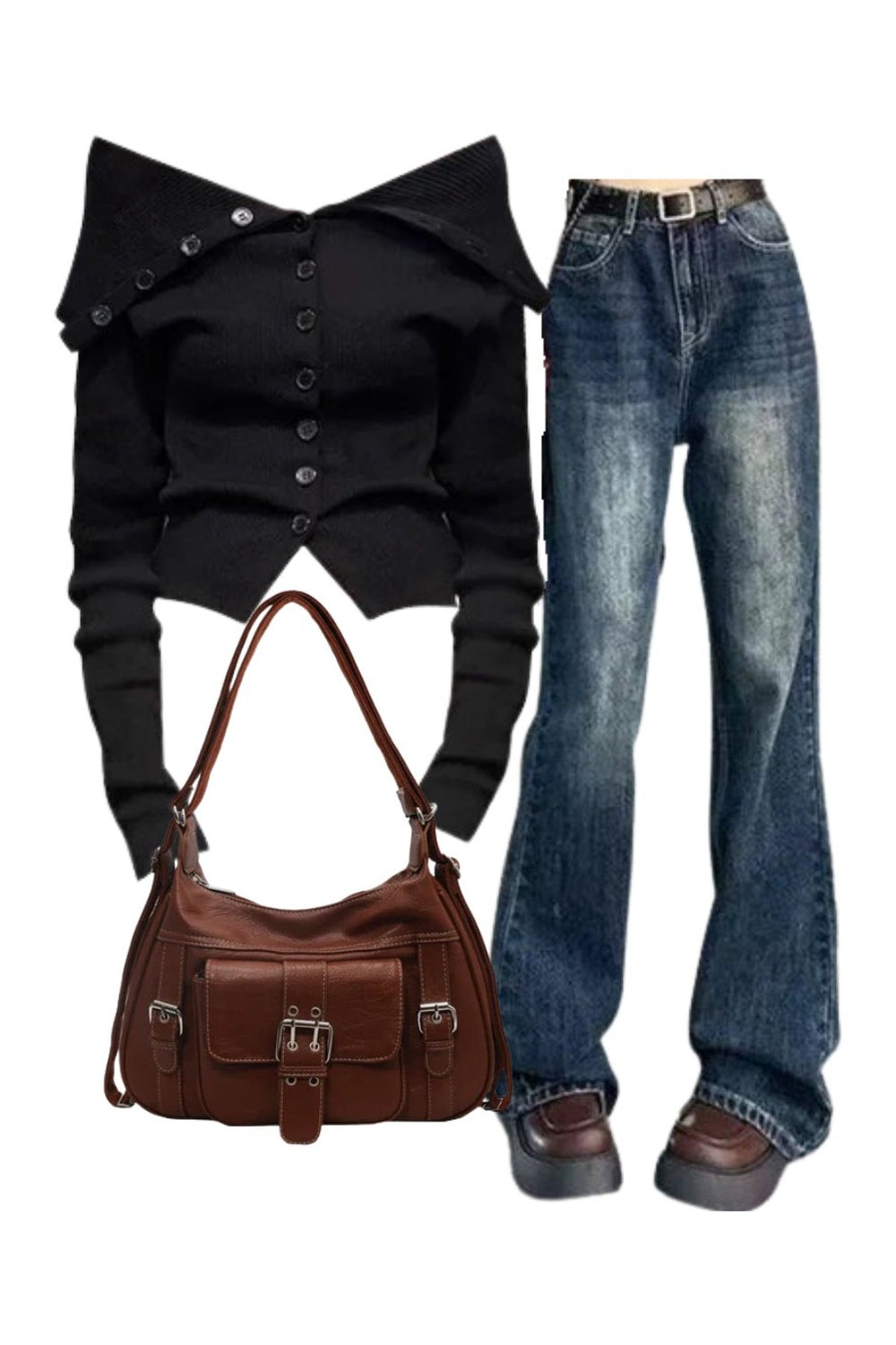 Outfit: Noir Off-Shoulder Button-Up Cardigan+Retro Wash Flare Jeans+Vintage Buckled Satchel Bag Default Title Shoptery