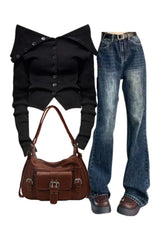 Outfit: Noir Off-Shoulder Button-Up Cardigan+Retro Wash Flare Jeans+Vintage Buckled Satchel Bag Default Title Shoptery