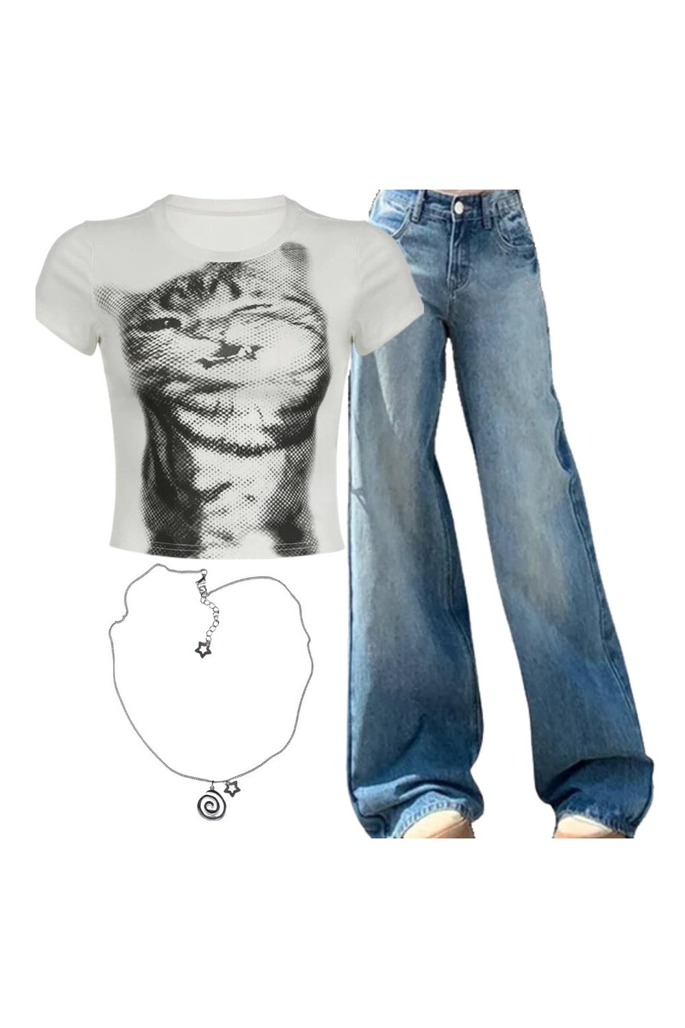Y2k Outfit: Pixelated Cat Graphic Crop Top+Light Wash Wide-Leg Denim+Vortex Charm Punk Necklaces Default Title Shoptery