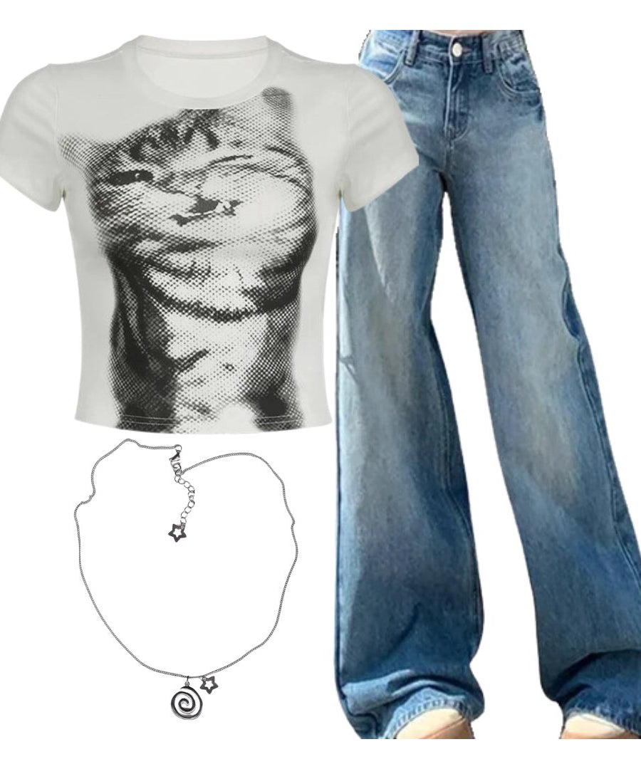 Outfit: Pixelated Cat Graphic Crop Top+Light Wash Wide - Leg Denim+Vortex Charm Punk Necklaces - Outfit