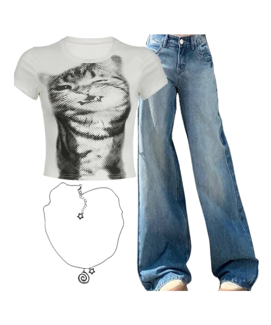 Outfit: Pixelated Cat Graphic Crop Top+Light Wash Wide - Leg Denim+Vortex Charm Punk Necklaces - Outfit