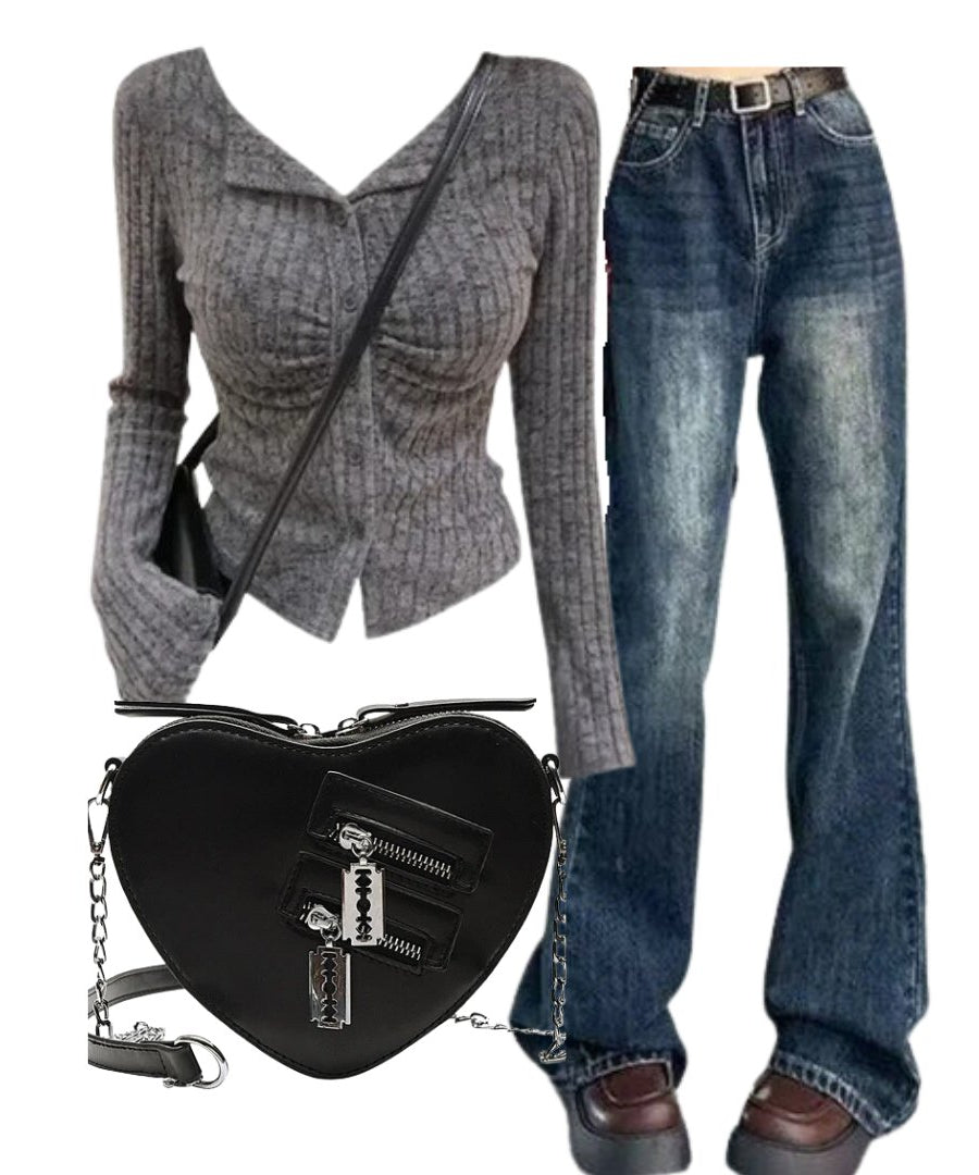 OUTFIT: Ruched Ribbed Button - Up Cardigan+Vintage Wash Flare Jeans+Punk Heart Blade Zipper Chain Bag+ - Outfit