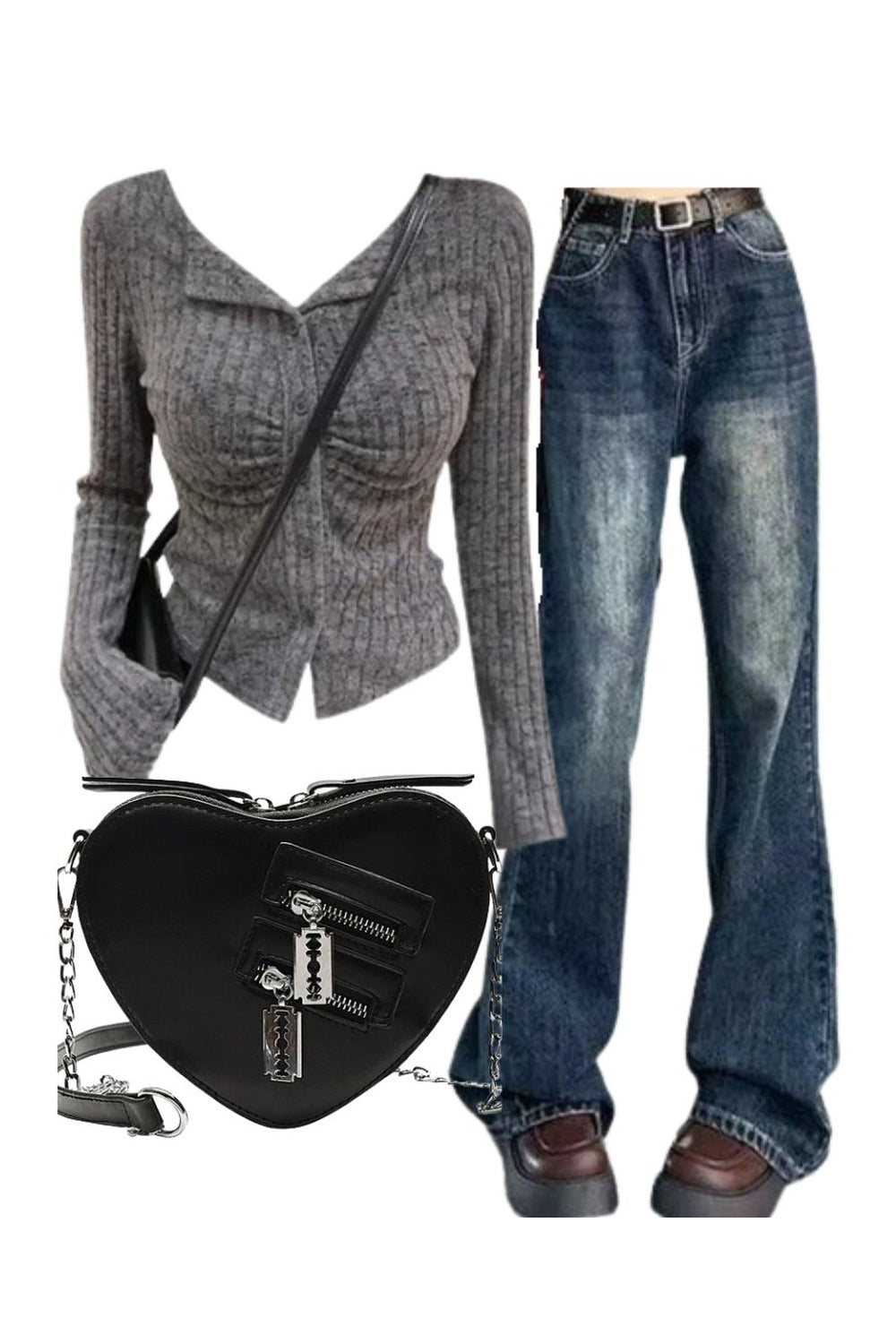 Y2k Outfit: Ruched Ribbed Button-Up Cardigan+Retro Wash Flare Jeans+Punk Heart Blade Zipper Chain Bag+ Default Title Shoptery