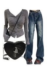 Y2k Outfit: Ruched Ribbed Button-Up Cardigan+Retro Wash Flare Jeans+Punk Heart Blade Zipper Chain Bag+ Default Title Shoptery