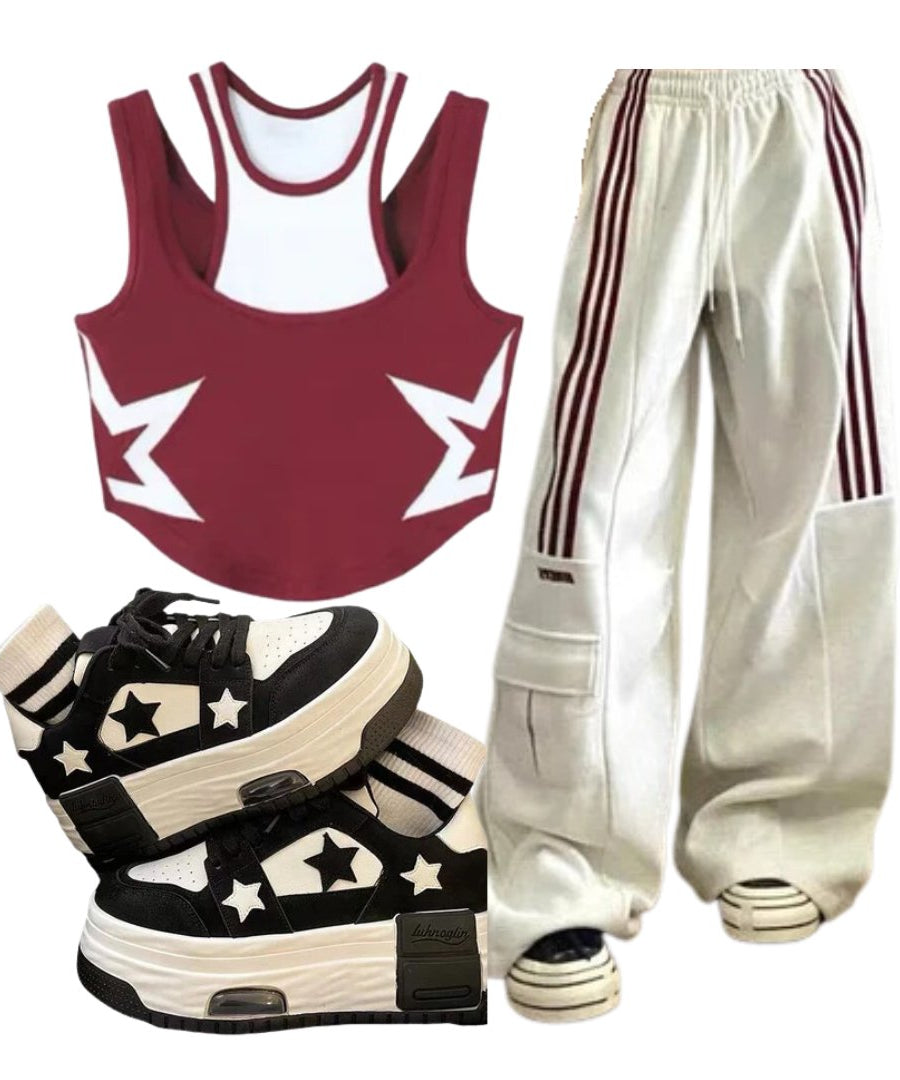 Outfit: Striped Cargo Spring Pants+Starstruck Racerback Crop Top+Acubi Star Skateboard Y2k Shoes - Outfit