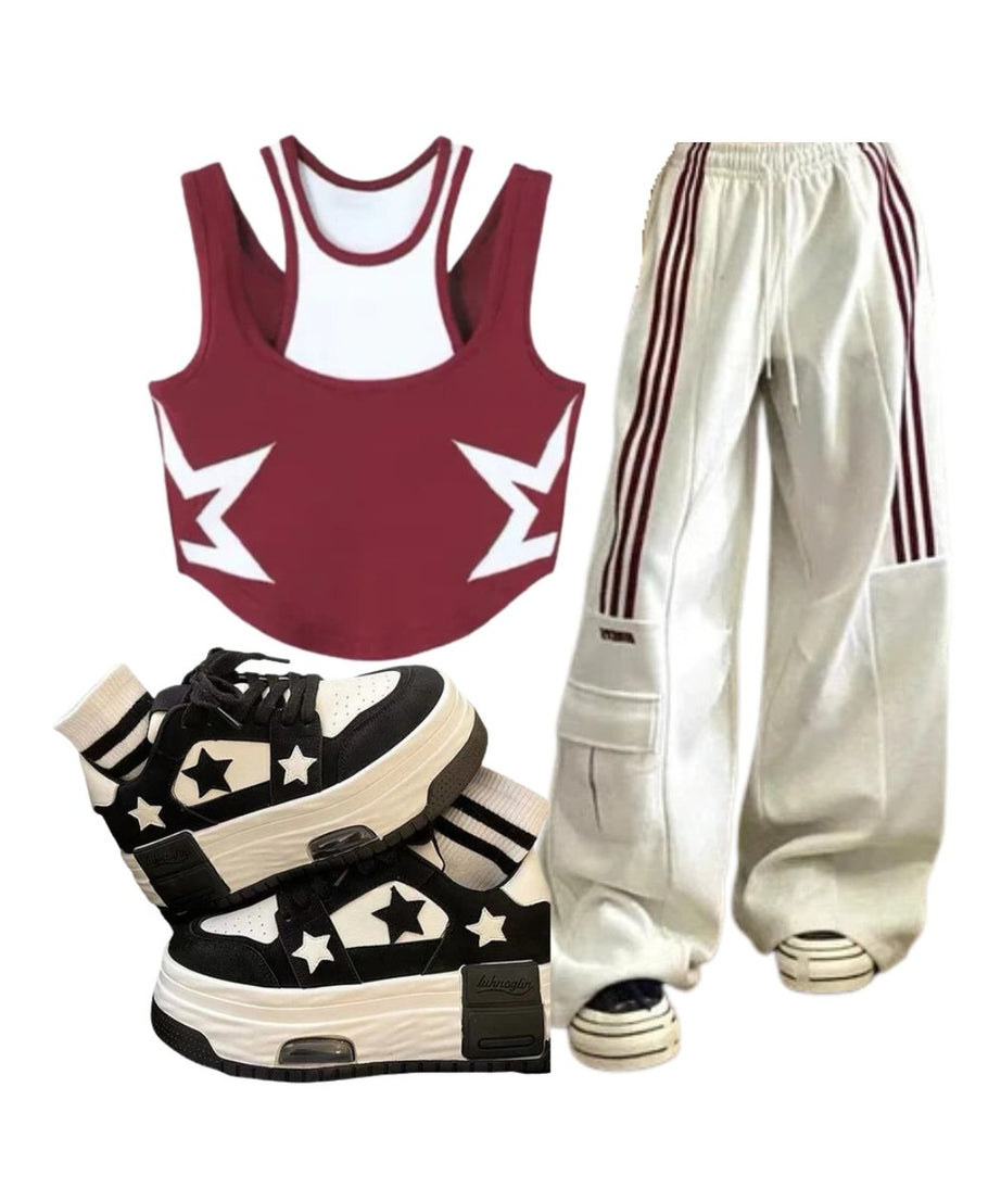 Outfit: Striped Cargo Spring Pants+Starstruck Racerback Crop Top+Acubi Star Skateboard Y2k Shoes - Outfit