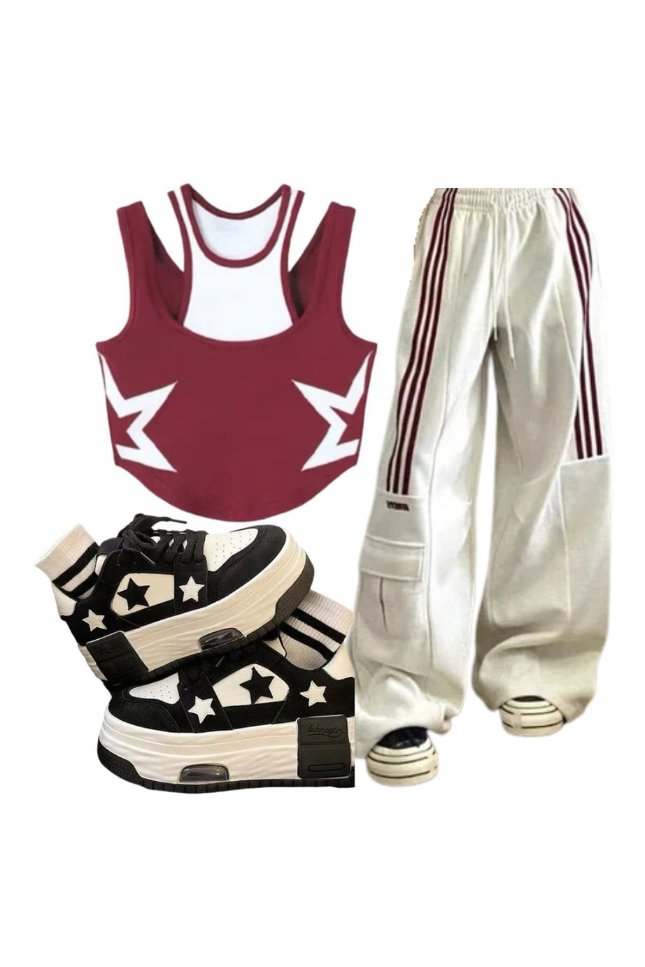 Outfit: Striped Cargo Spring Pants+Starstruck Racerback Crop Top+Acubi Star Skateboard Y2k Shoes - Outfit