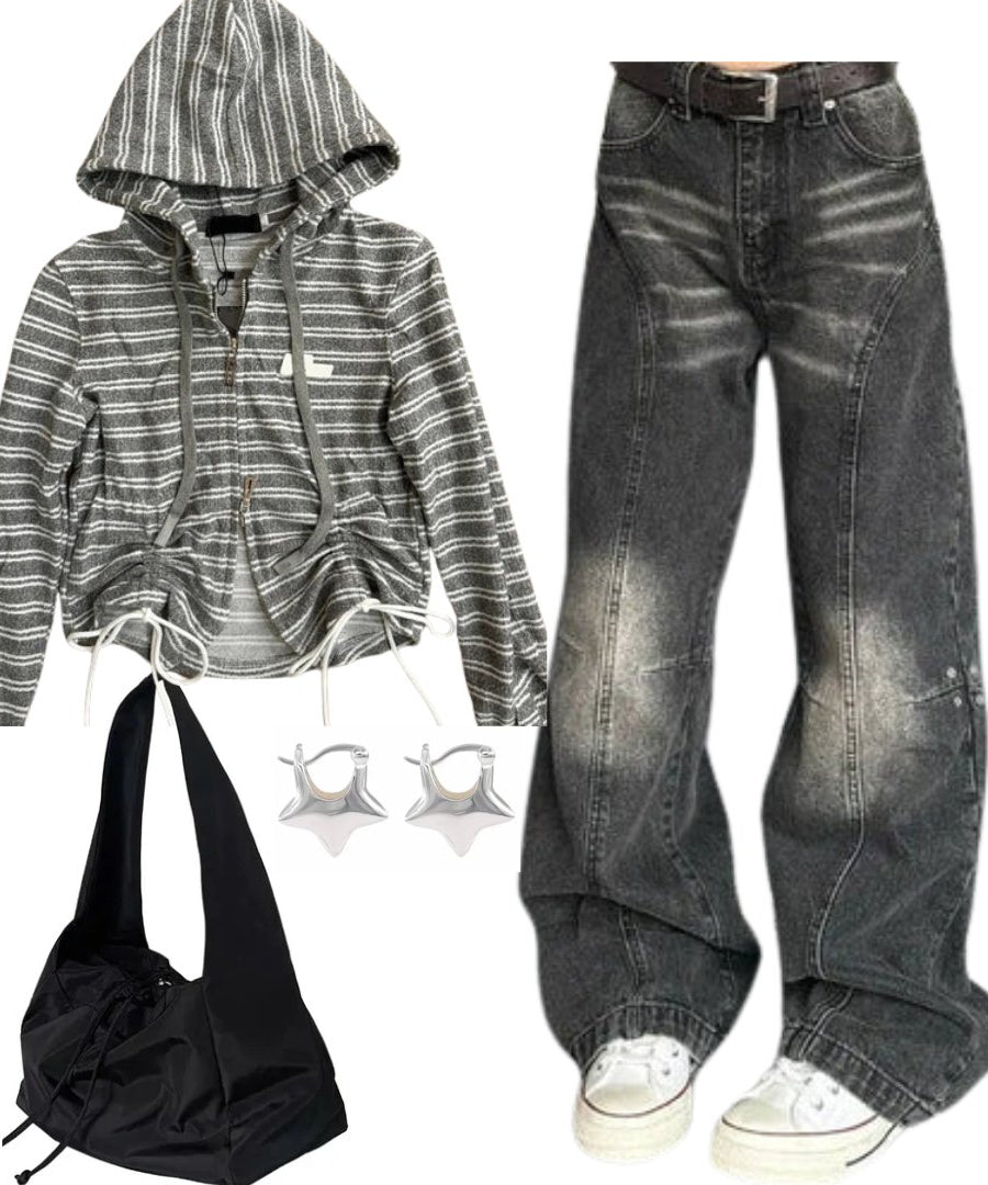 Outfit: Striped Cozy Zip - Up Hoodie+Washed Black Wide - Leg Jeans+Fashionable Black Nylon Bucket Handbag+Earrings - Outfit