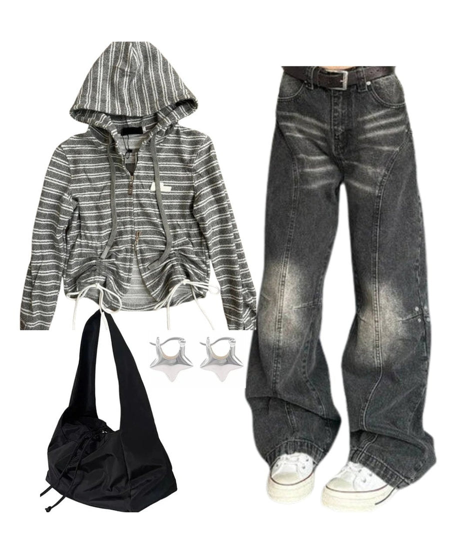 Outfit: Striped Cozy Zip - Up Hoodie+Washed Black Wide - Leg Jeans+Fashionable Black Nylon Bucket Handbag+Earrings - Outfit