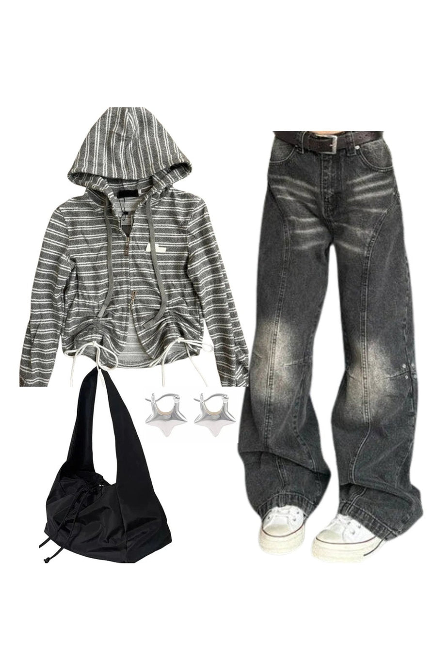 Outfit: Striped Cozy Zip - Up Hoodie+Washed Black Wide - Leg Jeans+Fashionable Black Nylon Bucket Handbag+Earrings - Outfit