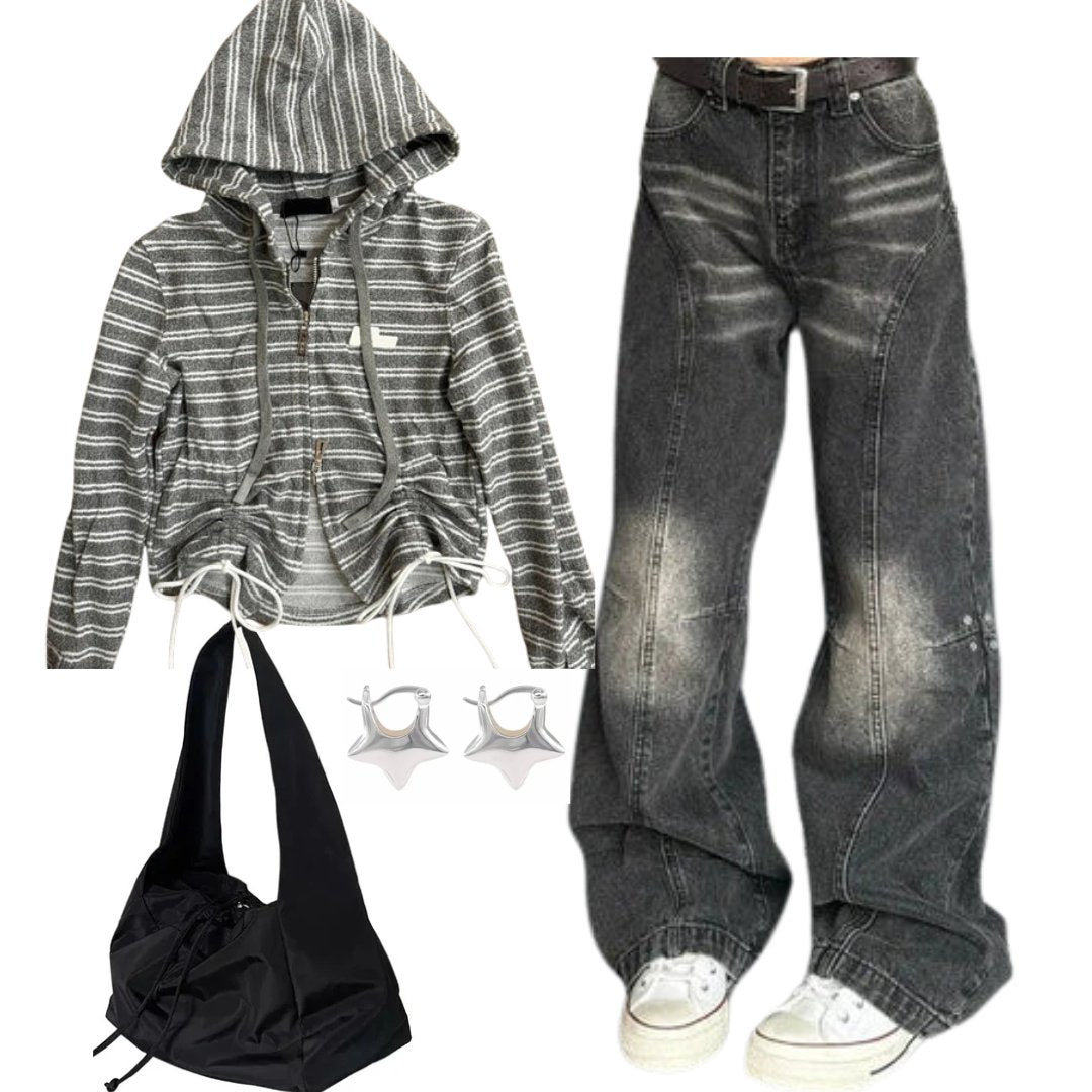 Outfit: Striped Cozy Zip - Up Hoodie+Washed Black Wide - Leg Jeans+Fashionable Black Nylon Bucket Handbag+Earrings - Outfit