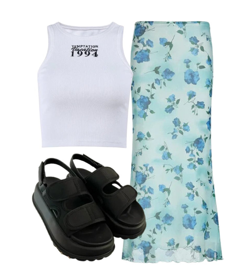 Outfit:1994 Vintage Ribbed Tank Top+Blue Blossom Mesh Maxi Skirt+Chunky Velcro Strap Sandals - Outfit