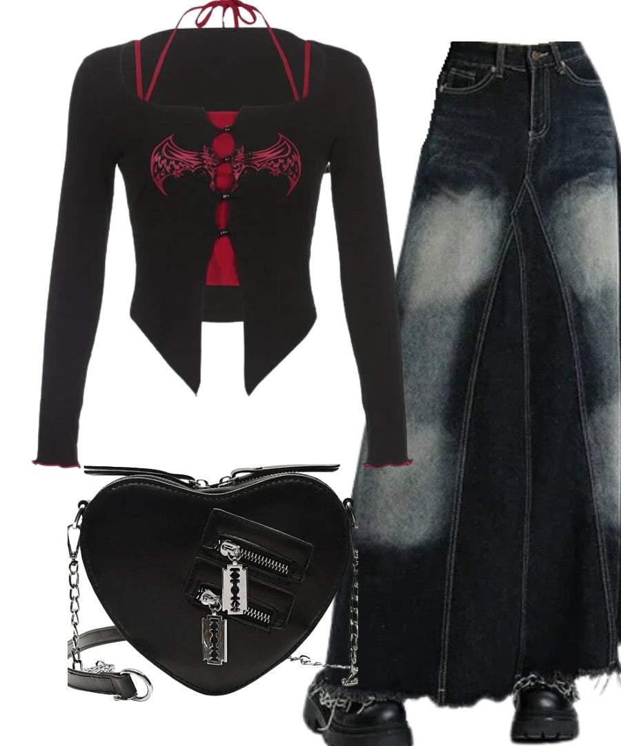 Outfit:Alt Goth Graphic Print T-shirt+Faded Black Maxi Denim Skirt+Punk Heart Blade Zipper Chain Bag - Outfit