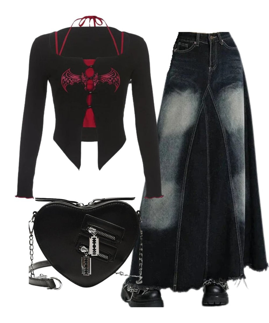 Outfit:Alt Goth Graphic Print T-shirt+Faded Black Maxi Denim Skirt+Punk Heart Blade Zipper Chain Bag - Outfit