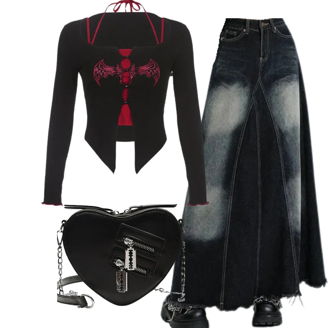 Outfit:Alt Goth Graphic Print T-shirt+Faded Black Maxi Denim Skirt+Punk Heart Blade Zipper Chain Bag - Outfit