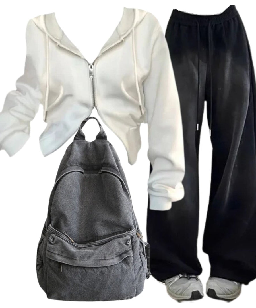 Outfit:Baggy Y2K Grunge Sweatpants+Korean Y2K White Zip Hoodie+Urban Ash Backpack - Outfit