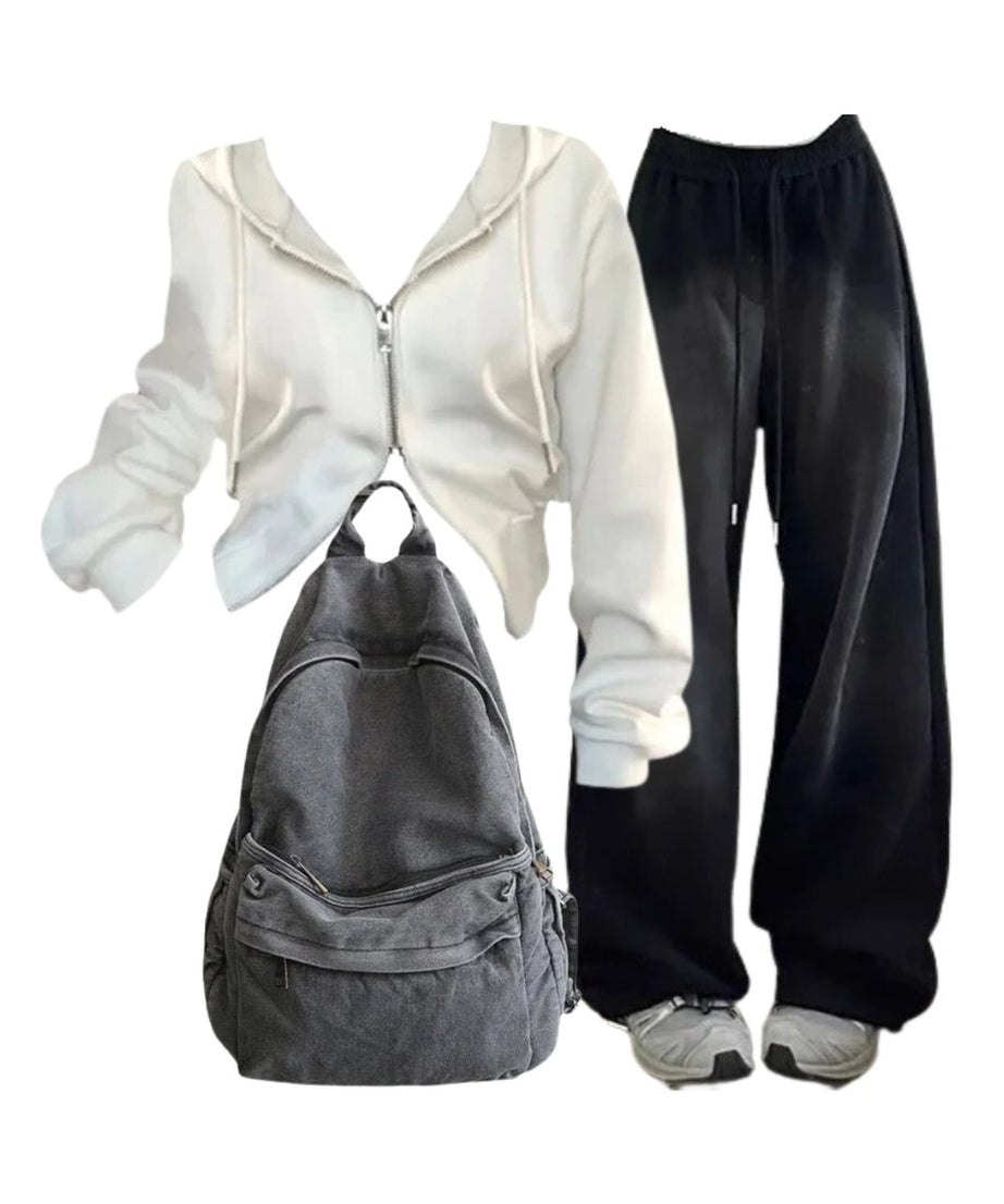 Outfit:Baggy Y2K Grunge Sweatpants+Korean Y2K White Zip Hoodie+Urban Ash Backpack - Outfit