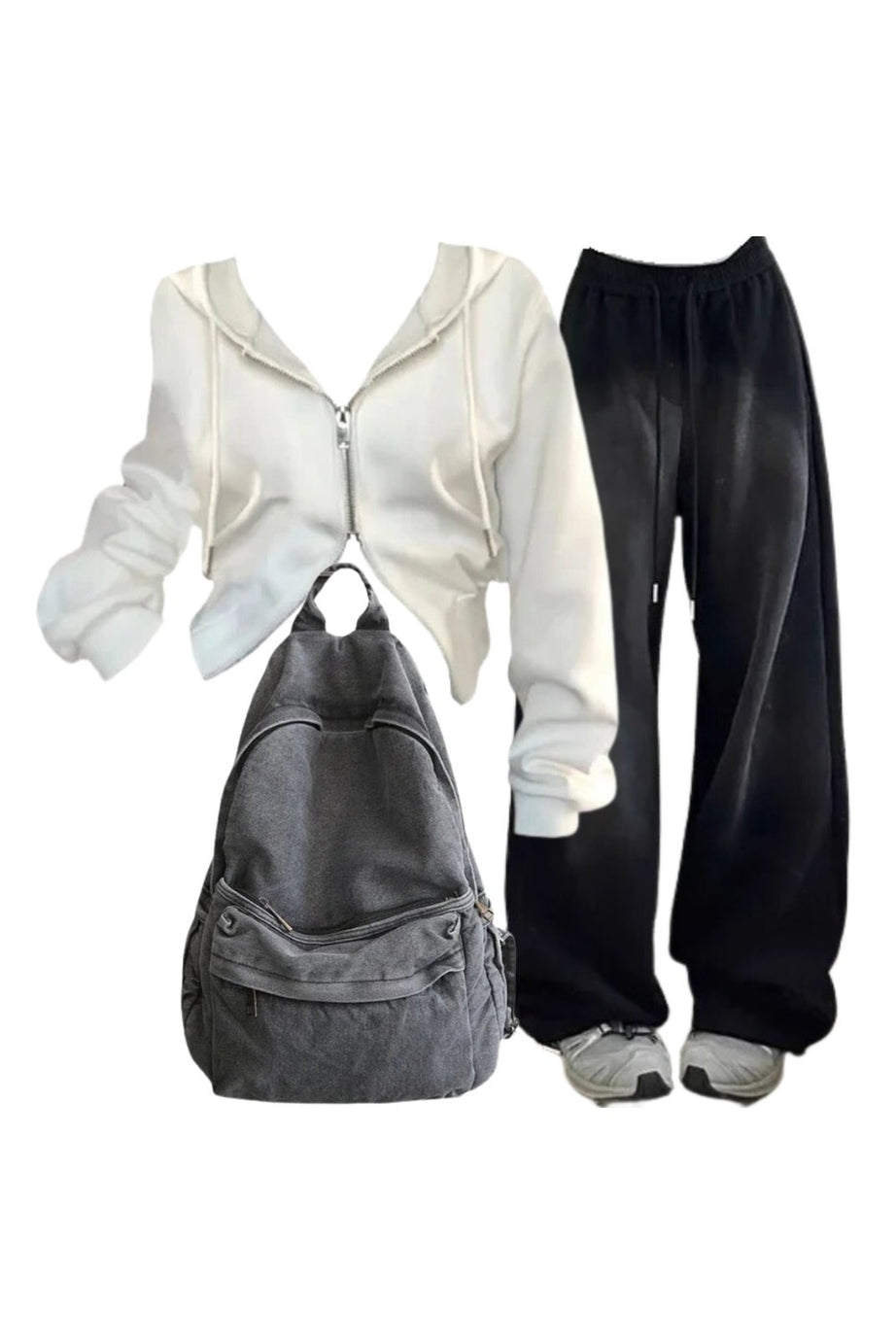 Outfit:Baggy Y2K Grunge Sweatpants+Korean Y2K White Zip Hoodie+Urban Ash Backpack - Outfit