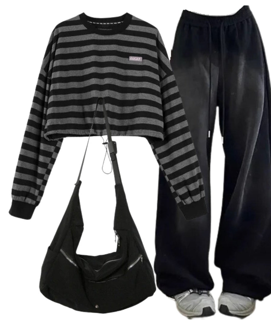 Outfit:Baggy Y2K Grunge Sweatpants+Striped Drawstring Women's Sweatshirt+High Quality Nylon Shoulder Bag - Outfit