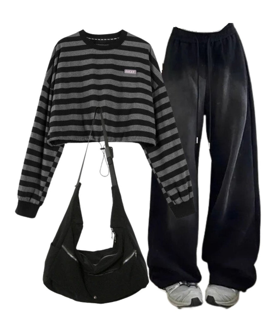 Outfit:Baggy Y2K Grunge Sweatpants+Striped Drawstring Women's Sweatshirt+High Quality Nylon Shoulder Bag - Outfit