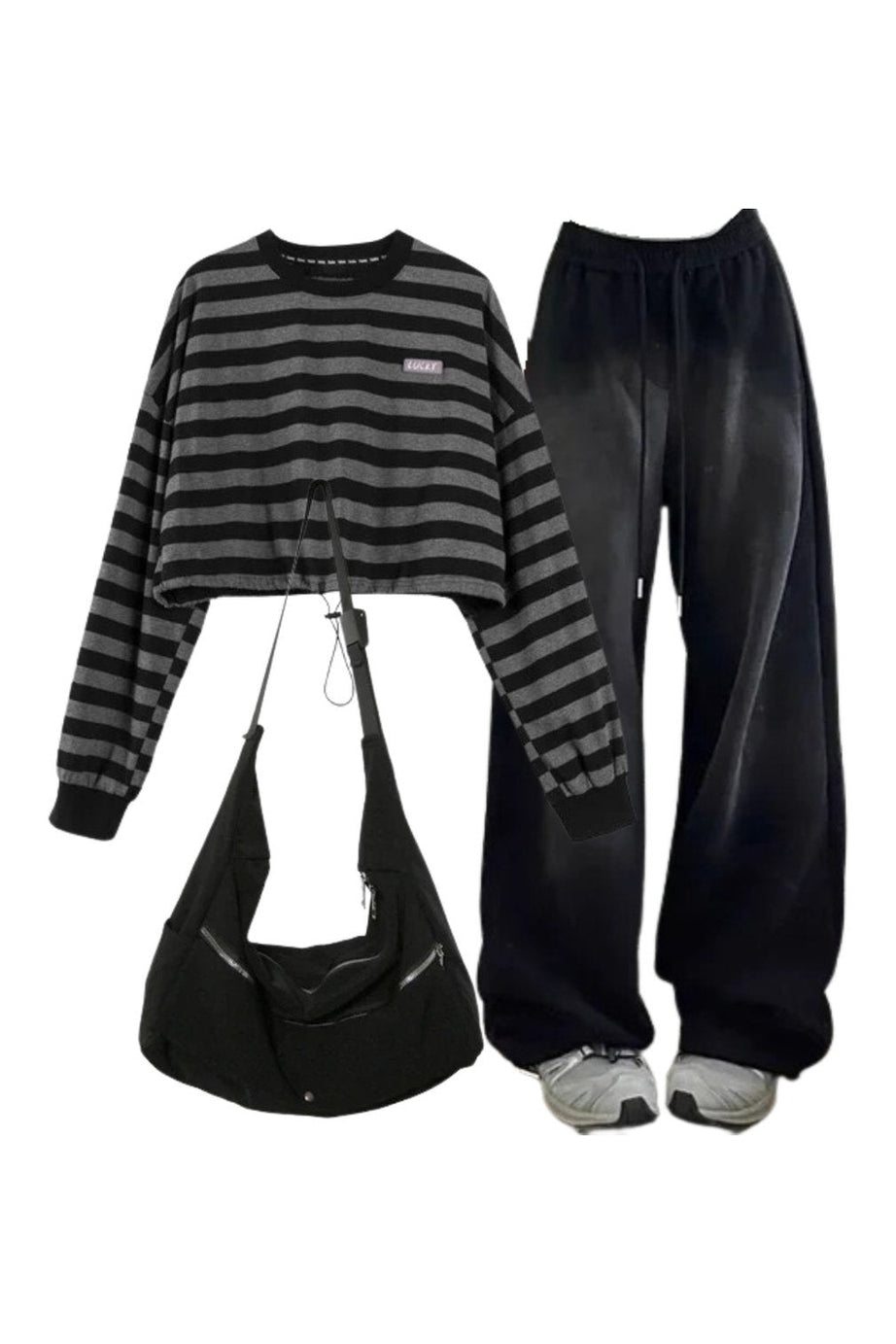 Outfit:Baggy Y2K Grunge Sweatpants+Striped Drawstring Women's Sweatshirt+High Quality Nylon Shoulder Bag - Outfit