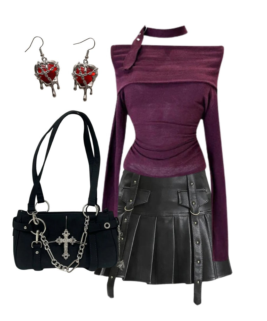 Outfit:Black Buckled Pleated Mini Skirt+Asymmetric Choker Long Sleeve Top+Gothic Cross Chain Shoulder Bag+Earrings - Outfit