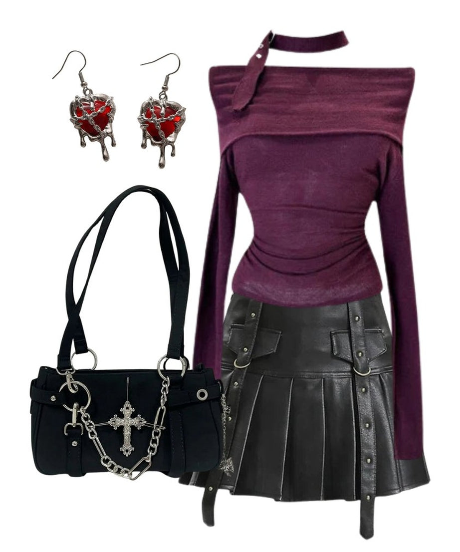 Outfit:Black Buckled Pleated Mini Skirt+Asymmetric Choker Long Sleeve Top+Gothic Cross Chain Shoulder Bag+Earrings - Outfit