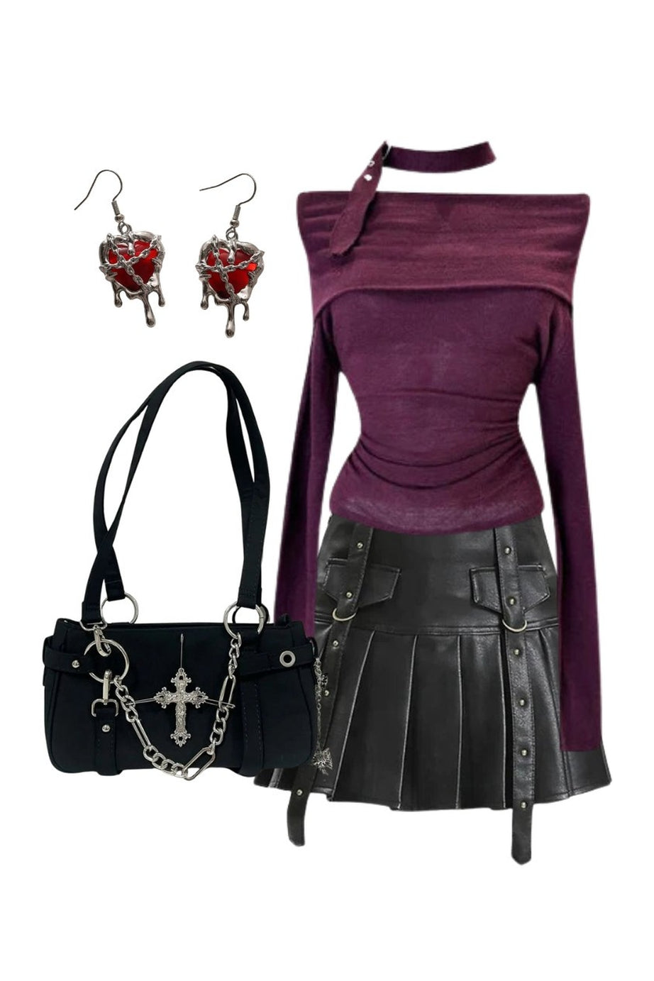 Outfit:Black Buckled Pleated Mini Skirt+Asymmetric Choker Long Sleeve Top+Gothic Cross Chain Shoulder Bag+Earrings - Outfit