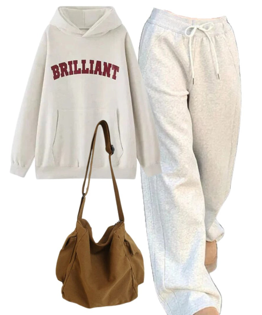 Outfit:Brilliant Statement Hoodie+Vintage Gray Jogging Pants+Large Capacity Solid Black Shoulder Bag - Outfit