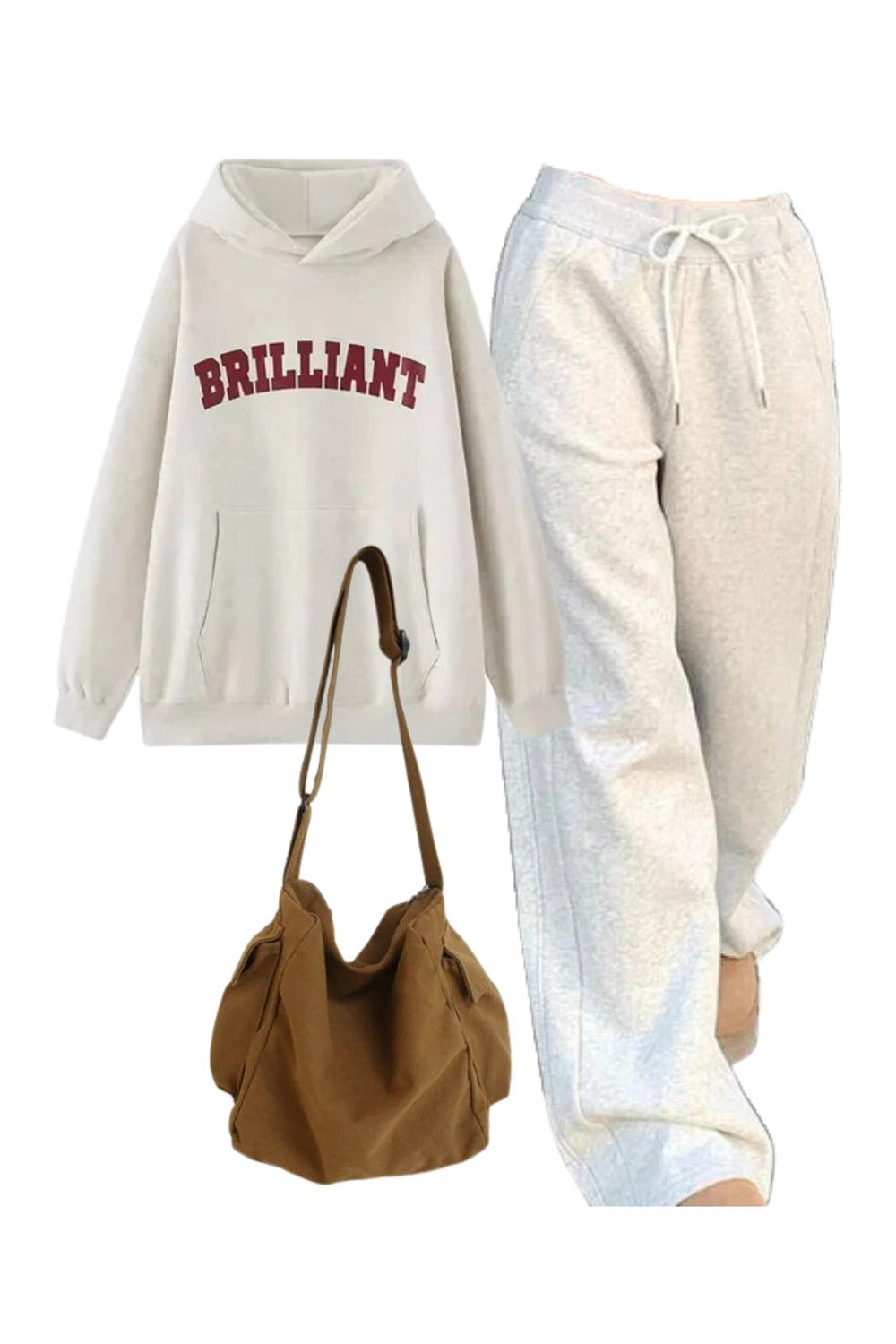 Outfit:Brilliant Statement Hoodie+Vintage Gray Jogging Pants+Large Capacity Solid Black Shoulder Bag - Outfit