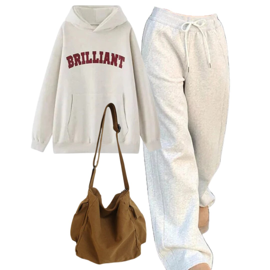 Outfit:Brilliant Statement Hoodie+Vintage Gray Jogging Pants+Large Capacity Solid Black Shoulder Bag - Outfit