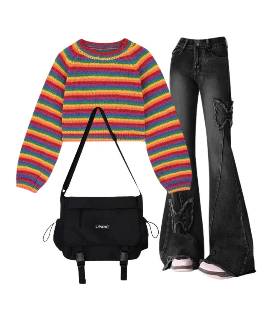 Outfit:Dark Butterfly Flare Jeans+Rainbow Stripes Cropped Sweater+Crossbody School Bag - Outfit