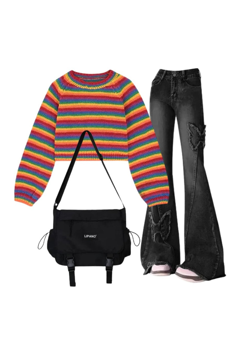 Outfit:Dark Butterfly Flare Jeans+Rainbow Stripes Cropped Sweater+Crossbody School Bag - Outfit