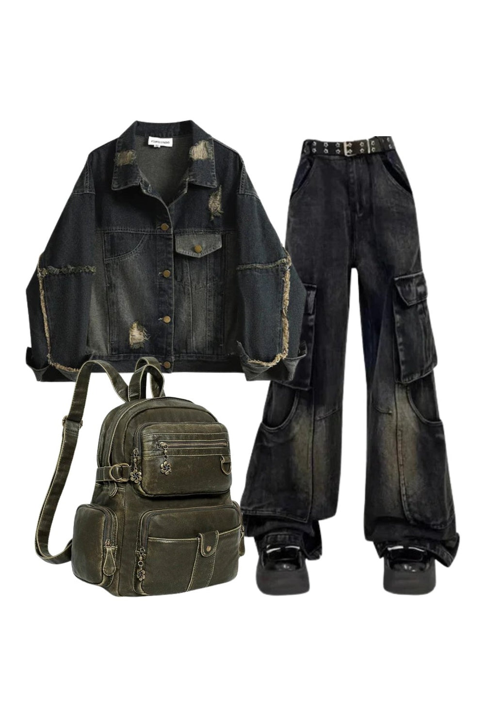 Y2k Outfit: Distressed Midnight Denim Jacket+Gothic Cargo Flare Jeans+Retro Y2K Backpack Default Title Shoptery