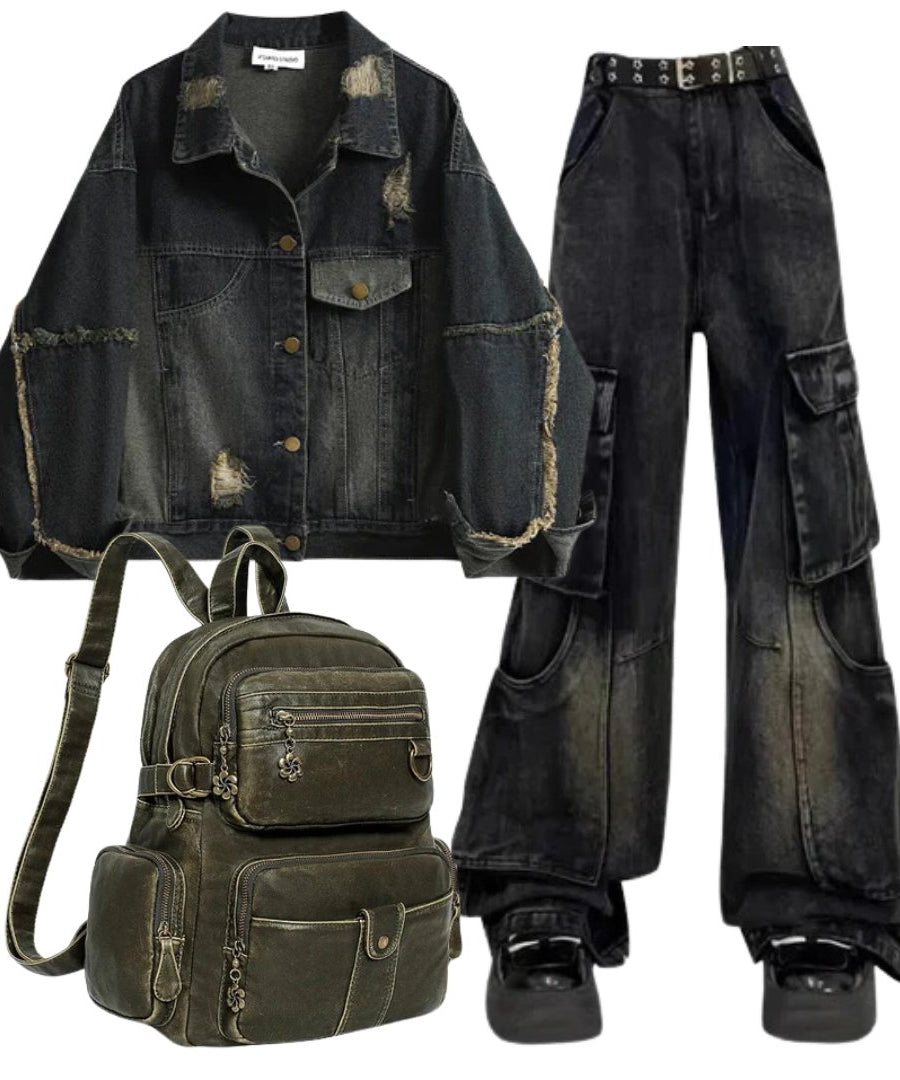 Outfit:Distressed Midnight Denim Jacket+Gothic Cargo Flare Jeans+Vintage Y2K Backpack - Outfit