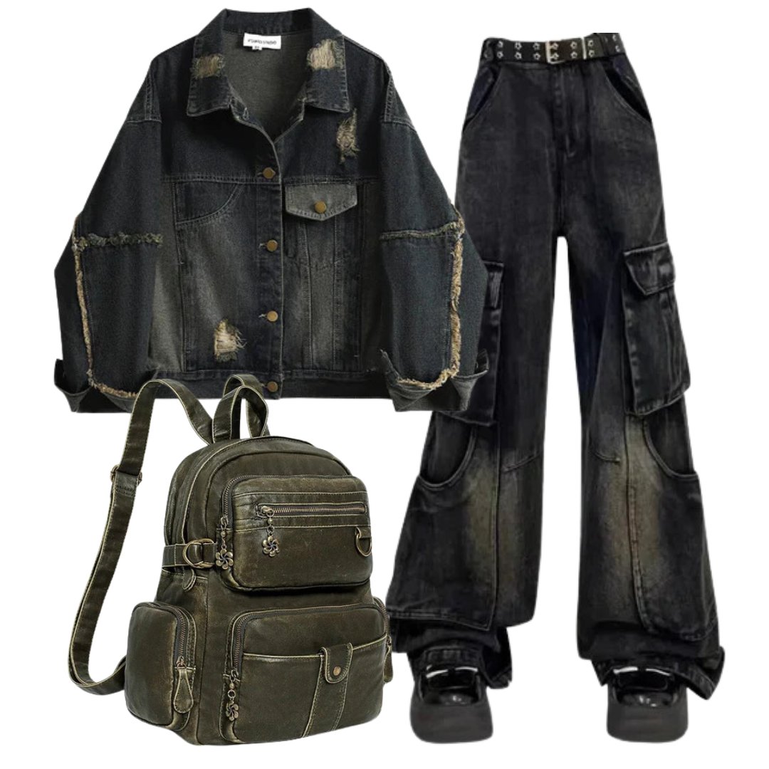 Outfit:Distressed Midnight Denim Jacket+Gothic Cargo Flare Jeans+Vintage Y2K Backpack - Outfit