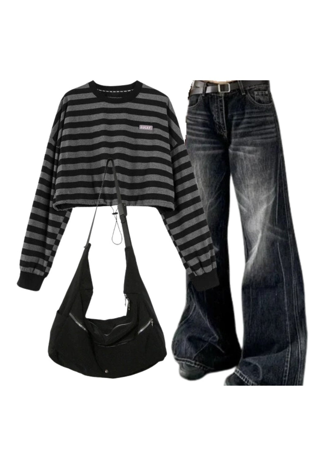 Y2k Outfit: Distressed Retro Wide-Leg Jeans+Striped Drawstring Women's Sweatshirt+High Quality Nylon Shoulder Bag Default Title Shoptery