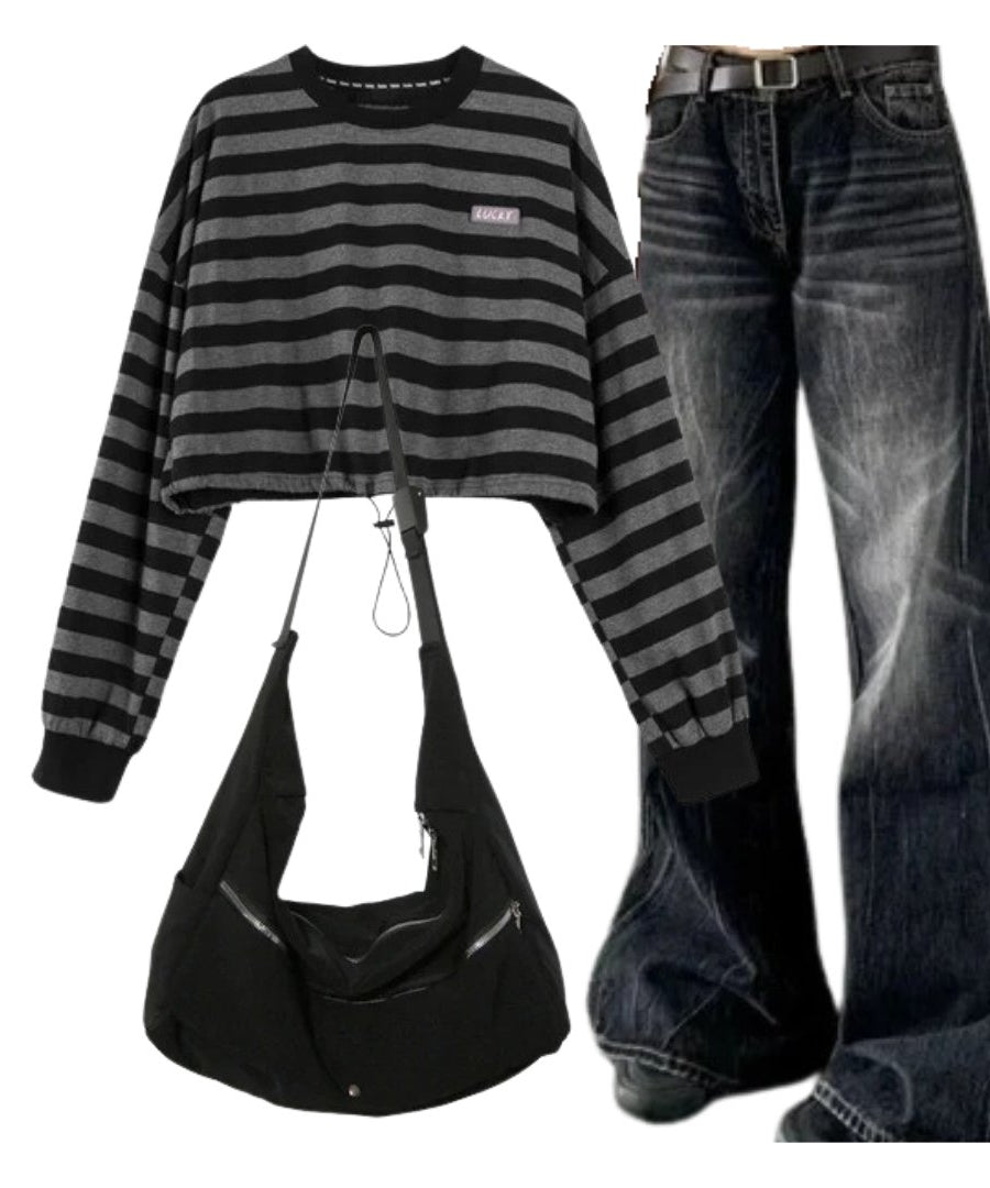 Outfit:Distressed Vintage Wide - Leg Jeans+Striped Drawstring Women's Sweatshirt+High Quality Nylon Shoulder Bag - Outfit