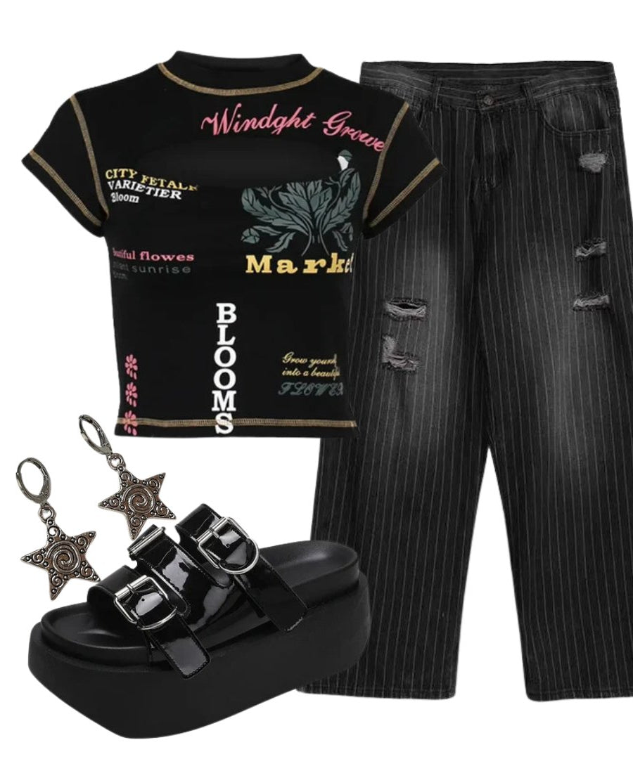 Outfit:Edgy Text Print Keyhole Top+Grunge Distressed Pinstripe Pants+Glossy Buckle Platform Sandals+Earrings - Outfit