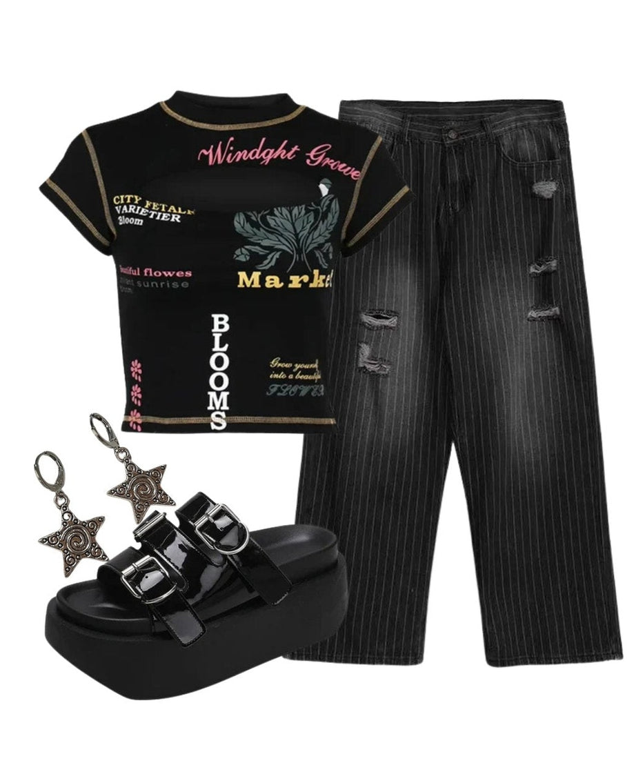 Outfit:Edgy Text Print Keyhole Top+Grunge Distressed Pinstripe Pants+Glossy Buckle Platform Sandals+Earrings - Outfit