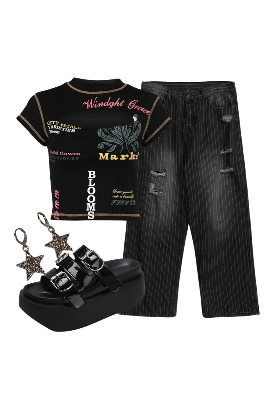 Outfit:Edgy Text Print Keyhole Top+Grunge Distressed Pinstripe Pants+Glossy Buckle Platform Sandals+Earrings - Outfit