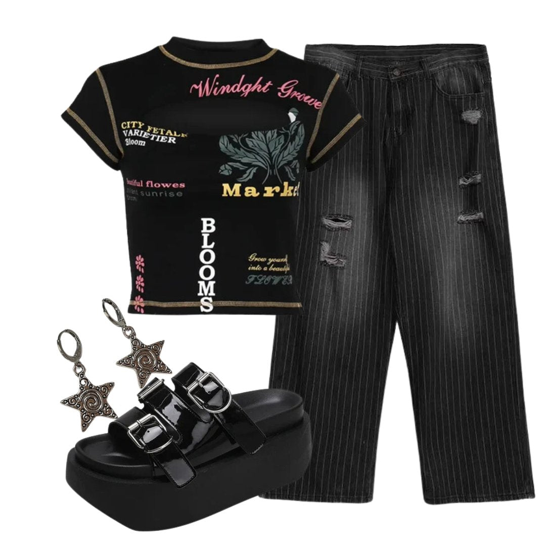 Outfit:Edgy Text Print Keyhole Top+Grunge Distressed Pinstripe Pants+Glossy Buckle Platform Sandals+Earrings - Outfit