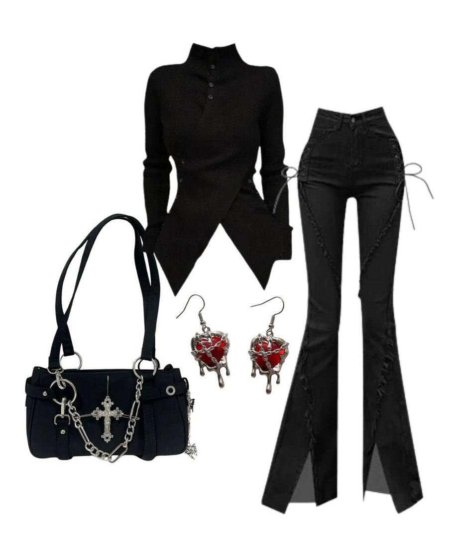 Outfit:Fall Midnight Lace - Up Flare Jeans+Fall Asymmetrical High Neck Buttoned Sweater+Gothic Cross Chain Shoulder Bag+Earrings - Outfit