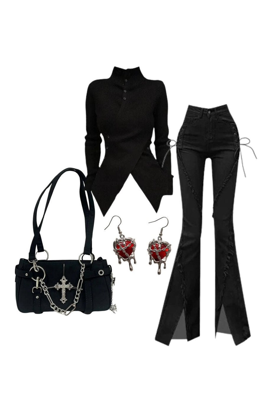 Outfit:Fall Midnight Lace - Up Flare Jeans+Fall Asymmetrical High Neck Buttoned Sweater+Gothic Cross Chain Shoulder Bag+Earrings - Outfit