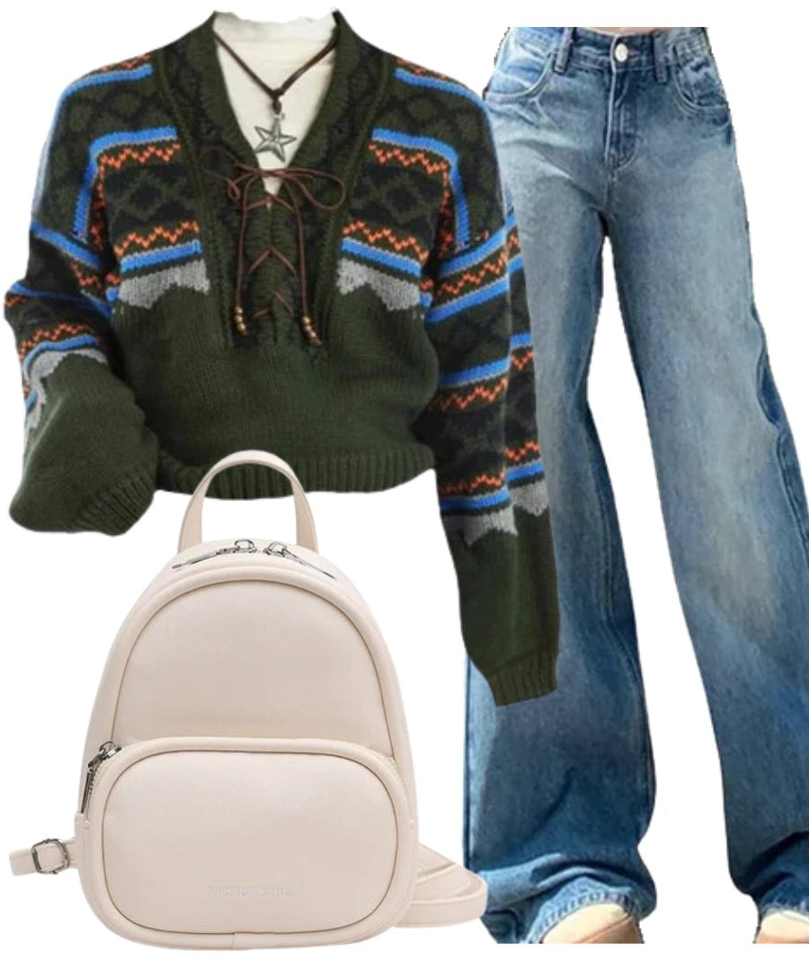 Outfit:Forest Fair Isle Lace - Up Sweater+Light Wash Wide - Leg Denim+Candy Color Small Backpack - Outfit